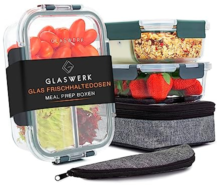 GLASWERK Hopewell - Fiambreras herméticas, Volumen 1040 ml, Con compartimentos, Libres de BPA, Tapas con anillo de sellado extraíble, 4 cierres bisagra, Aptas lavavajillas, Juego de 3 unidades
