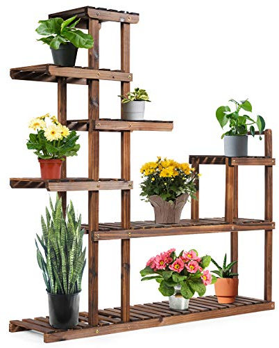 GOPLUS Étagère à Fleurs en Bois de 7 Niveaux, Support de Plantes avec 7 Tablettes avec Bonne Capacité de Charge, Porte-plantes pour Jardin, Terrasse, Bureau 120x25x120cm