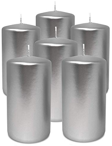 Hyoola Metallic Stumpenkerzen - Kerzen Silber 6er-Pack - Stumpenkerzen Silber - Dekorative Stumpenkerzen Groß Hergestellt in EU - Kerzen Lange Brenndauer - 7 cm x 13 cm