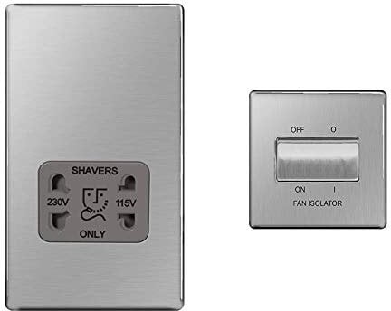 BG Electrical fbs20g 115 - and 230 - Volts Dual Voltage Shaver Socket, Brushed Steel & Electrical 3-Pole Fan Isolator Switch, Brushed Steel, 2-Way, 10AX