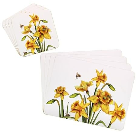 Daffodil Placemats and Coasters Set of 4 – Yellow Floral Table Mats & Drink Coasters, Cork Backed Wipe Clean Dining Mats