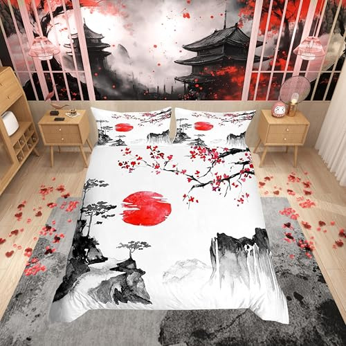 Japonaise Ukiyoe avec Housse de Couette et Lin Fleurs de Cerisier Rouge Soleil pour Enfants,Gar?ons et Filles,Style Japonais Exotique Lit Super King