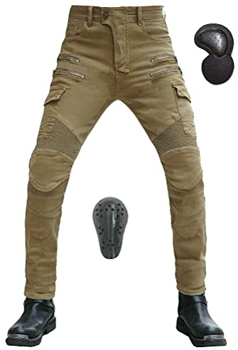 Armor Qtrees Uomo Moto Equitazione Pantaloni Motorcycle Biker Jeans Protezione Rinforzato Ginocchio Anca Pads-Khaki-XL