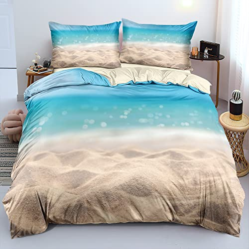 Luofanfei Bettwäsche 3D 200x200cm Blau Beige Deckenbezug 3 teilig Ozeanwelle Gedruckt Bettbezug Set Microfaser Weiche Flauschige Bettbezüge mit Reißverschluss und 2 mal 80x80cm Kissenbezug