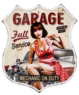 Mehr Relief-Schilder hier... Großes geprägtes 60er US Pin-Up Girl Retro Blechschild, Route 66 Style, Full Service Garage, Deko Werkstatt Schild, 33 x 39 cm, bunt