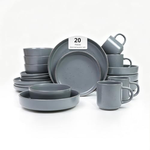 20-Piece Dinnerware Set, Nordic Ceramic Plates and Bowls Sets for 4, Raised Rim Tableware Collection, Matte Grey Speckled Serveware for Daily Use, Microwave & Dishwasher Safe