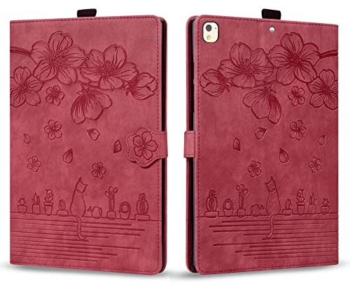 Rosbtib Hülle für iPad 9./8./7. Generation 10,2 Zoll 2021 2020 2019 PU Leder Flip Case Ständer TPU Cover Tasche Schutzhülle mit Kartenschlitz für iPad 9/8/7/ ipad Air 2019 10.5, Rot Katze