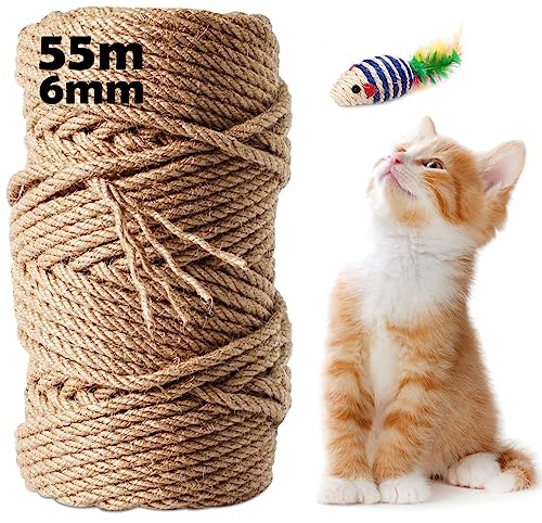 Cuerda de Sisal 55m x 6mm, Natural Cuerda Cañamo Rascador para Gatos, Cuerda Sisal Adecuado para Postes de Patas de Gato Almohadillas de Patas de Gato Artesanías, Accesorios de Bricolaje Manualidades