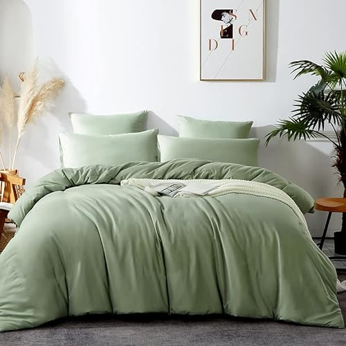 Omela Bettwäsche 135x200 Grün Salbeigrün 2 Teilig Microfaser Unifarben Bettbezug Weich und Bequem Bettwäsche Set Reißverschluss - 135 x 200 + 80 x 80 cm