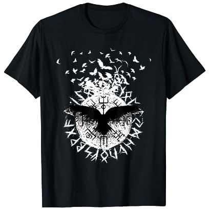 Viking Valhalla Krieger T-Shirt mit Wikinger Design, Runen, Kompass und Rabe in Schwarz, Größe S, Damen, Klassische Passform, Kurzarm, Rundhals-Ausschnitt, Mythologie-T-Shirt