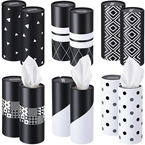Outus 12 Stück Auto-Taschentücher Zylinderboxen mit 3-lagigem Gesichtstuch, Bulk Schwarz Weiß, Auto-Taschentuchhalter, runde Reise-Taschentuchboxen für Hochzeit, Auto-Taschentuchbox, runder Be