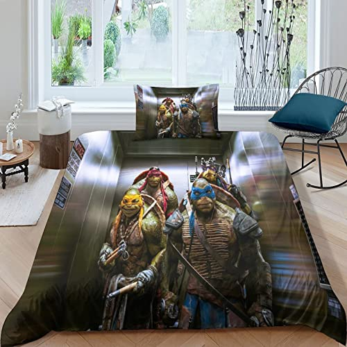 Ninja 3D Print Betten Set Bettwäsche Set Microfaser Turtles Bettbezug Mit Kissenbezug 2 Teilig Für Mädchen Junge Single(135x200cm)