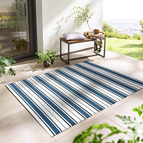 Outdoor Kurzflor Teppich Santa Monica wetterfest, wasserfest, rechteckig, Höhe: 3 mm, Balkon Garten Terrasse Camping Wintergarten blau gestreift 160x230 cm