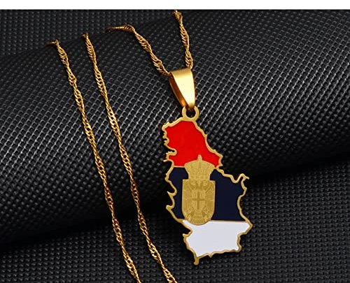 Unisex Männer Frauen Lange Kette Halsreif Serbien Adler Karte Und Flagge Anhänger Halsketten Karte Flagge Anhänger Halskette, Anpassbare Kette, Alltägliche Personalisierte Halskette, Gelb, 45 Cm