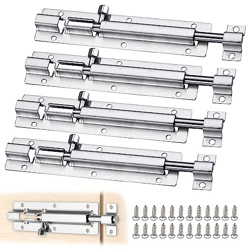 Door Security Slide Latch Lock, 4PCS 6 Inch Stainless Steel Sliding Door Latch with Screws, Barrel Bolt Latch, Slide Door Bolt for Home Yard Garden(Silver)