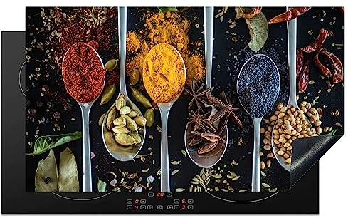 KitchenYeah© Induction Hob Protector Mat Cooker Top Protectors Cover | 20.5x35.4 / 90x52 cm - Ceramic Covers Electric Hobs Vinyl Herbs - Spoon - Spices - Black - Kitchen