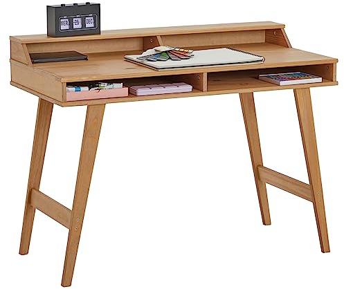 IDIMEX Schreibtisch Luna mit 2 offenen Fächern, Arbeitstisch aus massivem Kiefernholz in braun, Bürotisch mit konischen Füßen, Computertisch mit Aufsatz