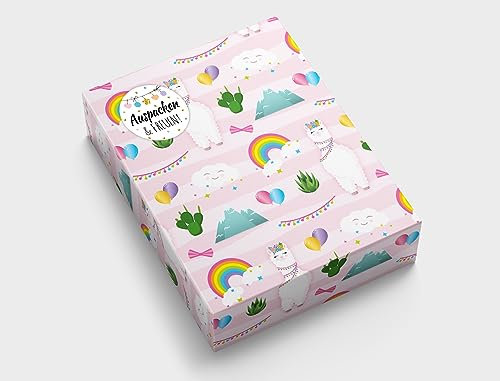 Geschenkpapier für Mädchen Lama Geschenkverpackung für kleine Geschenke Kindergeburtstag Mitgebsel Gastgeschenke verpacken Kindermotiv (6 Bögen in DIN A3 + 6 Aufkleber + 25 Verschlusspunkte)