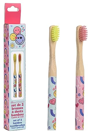 Smiley Spazzolino in Bambù per Bambini [set di 2] - Delicato Sulle Gengive - 100% Senza BPA - Spazzolino in Bambù - Spazzolino Manuale Ecologico