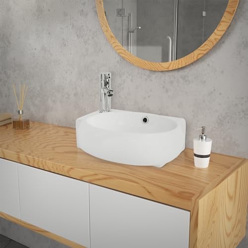 ML-Design Waschbecken aus Keramik in Weiß, 43x28x15 cm, Oval, klein, Hahnloch links, Wandmontage oder Aufsatzwaschbecken, Moderne Waschtisch Waschschale Waschplatz Handwaschbecken, für Badezimmer