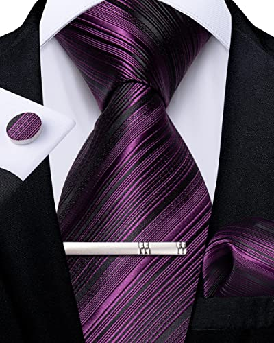 DiBanGu Herren Lila Krawatte,Violett Einfarbig Seidenkrawatte und Taschentuch-Set, Krawattenklammer mit Geschenkbox für Hochzeit Party