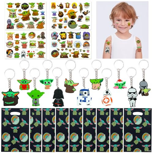Heartsking Party Bag Fillers for Kids, Baby Birthday Decorations 12 Pcs Yoda Keychains 4 Pcs Tattoos Stickers 10 Party Bags Theme Birthday Decorations Gifts for Boys Girls Adults