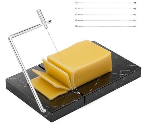 Upgraded Cheese Slicer Set with 5 Replacement Wires & Heavy-Duty 5 x 8 Marble Board - Durable Cheese Cutter for Block Cheeses, Butter, and More - Essential Kitchen Gadget Tool - Black