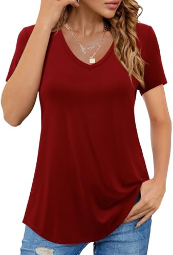 Beluring Camiseta de verano para mujer, manga corta, elegante, cuello de pico, camiseta larga, túnica básica