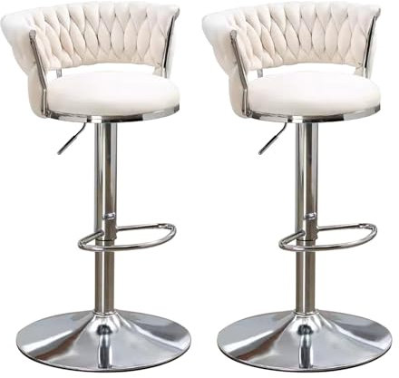 ArhaR 2er-Set Barhocker mit höhenverstellbarer Rückenlehne, drehbare, gewebte Barhocker aus Samt, silbernes Metall, Barstühle für die Theke (Beige)