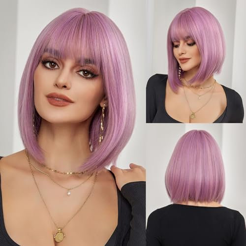 Esmee Kurze Gerade Rosa Lila Bob Perücken Mit Pony Schulterlange Burgunder Perücke Synthetische Cosplay Perücken für Frauen