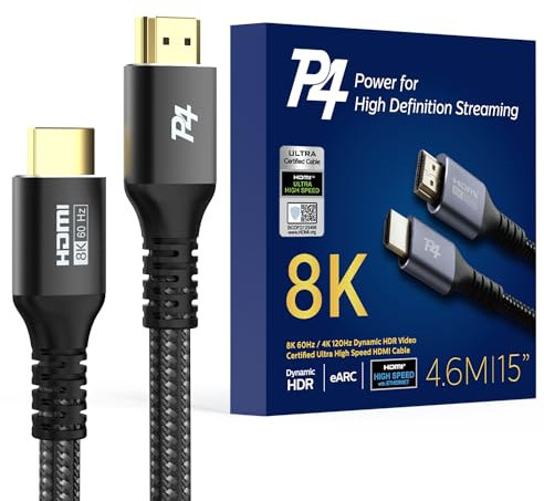 P4 Zertifiziertes 8K HDMI 2.1 Kabel, 4,5 m, Ultra High Speed, langlebiges Kabel, ideal für 8K, 4K, 3D, TV, AV-System und Gaming, 8K @ 60Hz, 4K @ 120Hz, eARC, HDR10+, Atmos – perfekt für Apple TV,