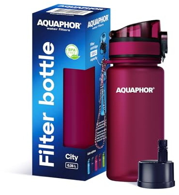 AQUAPHOR City Filterflasche 350ml Rubin I Flasche mit Wasserfilter für unterwegs I Filter mit Aktivkohle I Filtert Chlor I Aus Tritan & BPA-frei I Für besseren Geschmack & Geruch des Wassers
