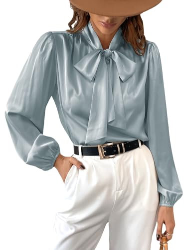 CUPSHE Chemise en satin pour femme avec nœud papillon à manches longues et col haut brillant, vert menthe, L