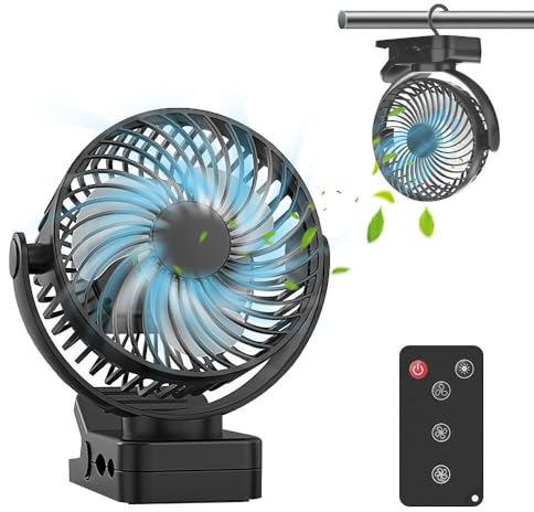 BFXMV Ventilatore da Campeggio, 8000 mAh USB Ventilatore da Tavolo con Telecomando 3 Velocità 360° Rotante Silenziosa Ventilatore Clip con Luce LED & Gancio Mini Ventilatore per Ufficio/Casa/Campeggio