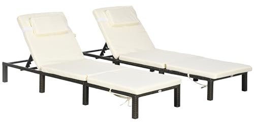 Outsunny Rattan Sun Lounger Set of 2, 5-Level Adjustable Garden Lounger Recliner with Cushion and Headrest, Outdoor Reclining Sunbed, Steel Frame Garden Chair for Patio, Beach, Terrace, Cream White