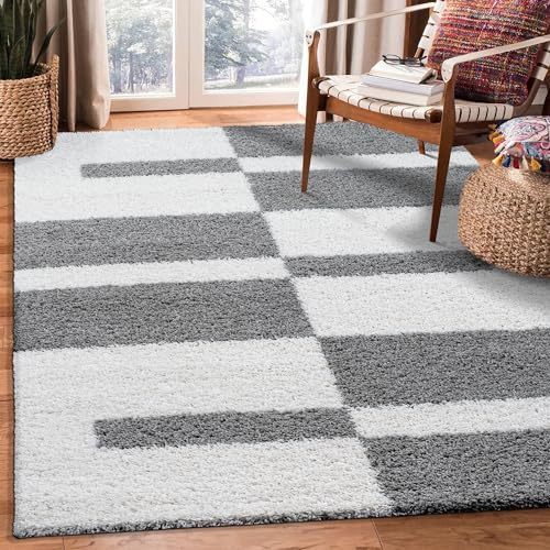SANAT Milano Shaggy Teppich - Hochflor Teppiche für Wohnzimmer, Schlafzimmer, Küche - Weiss Hellgrau, Größe: 60 x 110 cm