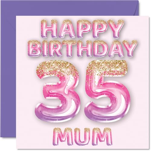35th Birthday Card for Mum - Pink & Purple Glitter Balloons - Happy Birthday Cards for 35 Year Old Mum Mother from Son Daughter, 145mm Bday Greeting Cards Gift