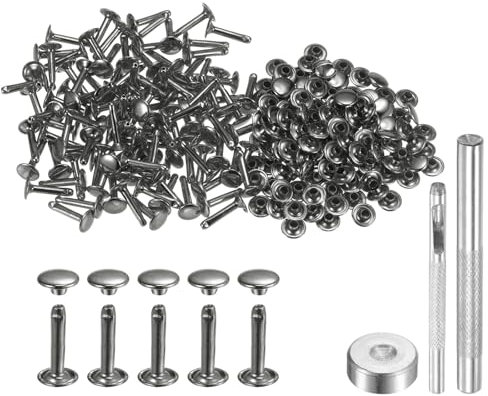 QUARKZMAN 100 Ensembles de Rivets en Métal à Double Capuchon de 9 mm x 16 mm avec Outils de Pose, Attaches Rapides Rivet à Frapper pour la Maroquinerie et la Réparation, Gris Anthracite