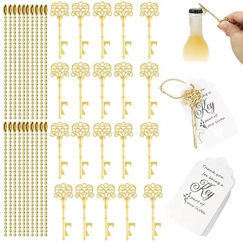 Lumeclat 20 ouvre-bouteilles en forme de clé vintage, avec étiquettes de remerciement et porte-clés, pour mariages, anniversaires et cérémonies de remise des diplômes (forme de couronne, doré antique)