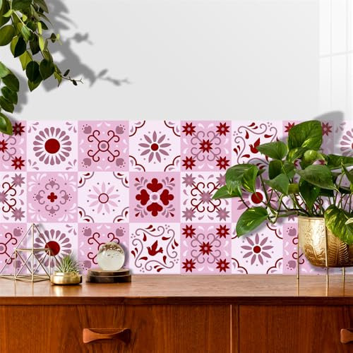Piastrelle Adesive Cucina Rosa Boemia Rosso Piastrelle Adesive Bagno Impermeabile Pavimento pvc Adesivo Piastrelle Adesive Mattonelle Adesive Cucina Piastrelle Adesive Pavimento 10x10cmx10 Pcs
