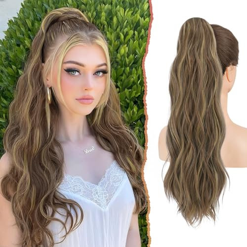 Sofeiyan Pferdeschwanz Haarteil mit Kordelzug, 56 cm Lang Gewellt Zopf Pferdeschwanz Haarverlängerung Synthetik Natürliches Kordelzug Pferdeschwanz Verlängerung für Frauen, Braun und Blond