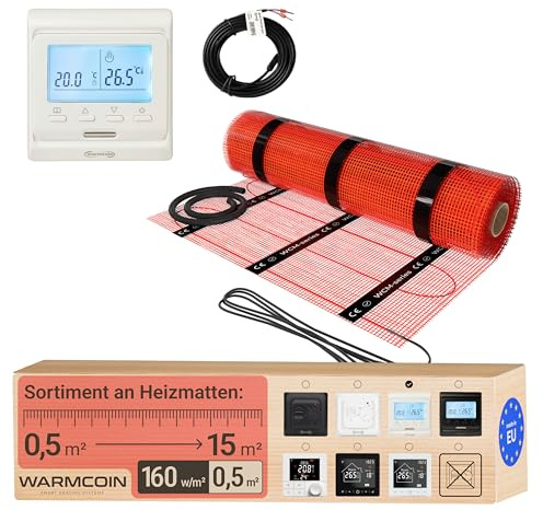 Elektrische Fußbodenheizung Heizmatten-Set mit Digital-Thermostat 0,5 m² | Programmierbares Raumthermostat mit LCD; Elektro-Flächenheizung 160 W/m², selbstklebend, Bodenfühler; für Fliesen