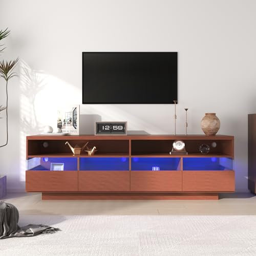 Mueble de TV, TV brillante, bajo con iluminación LED, dos compartimentos y cuatro cajones grandes, mucho espacio de almacenamiento (color nogal)