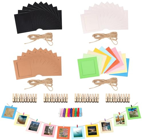 Rustark 84 Stück 9,5x8,8cm Papier Fotorahmen Satz Karton Bilderrahmen Papier Bilderrahmen Fotorahmen aus Pappe Kraftpapier Bilderrahmen mit hölzernen Clips und Strings für Wanddekoration