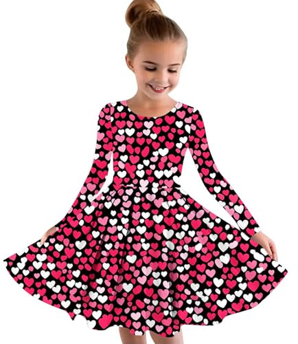 SMUXP Langärmeliges Kleid für Kleinkinder, Mädchen, mit Herzmotiv, bedruckt, lässig, niedlich, plissiert, Schulpullover, Junior, Schule, Skater, Wirbelkleid, 4–14 Jahre, 2025 Happy New Year,
