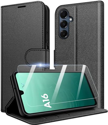 New&Teck Coque pour Samsung Galaxy A16 4G/5G, [Fermeture Magnetique à Rabat], [Housse Portefeuille en Cuir], [Multifonctionnel] + 1x [Verre Trempé de Protection] (Noir, A16)