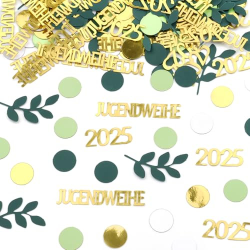 200 Stück Jugendweihe Deko, 2025 Deko Jugendweihe mit Blätter und Punkte Motive, Konfetti Groß Streudeko Gold Grün für Junge & Mädchen