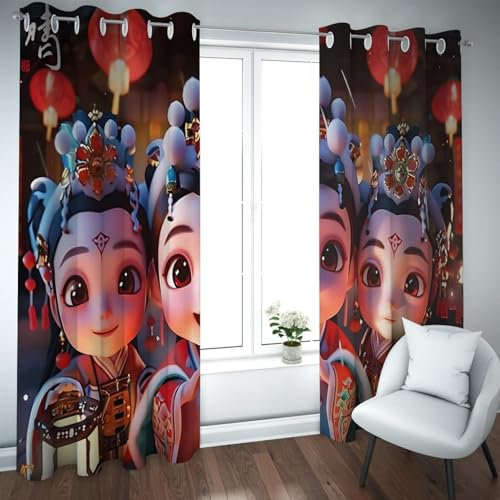 TOANGWALL Rideaux occultants de Style symétrique pour Porte coulissante en Verre Chinois rétro Mignon Fille Motif Rideaux de fenêtre à économie d’énergie 2 Panneaux B200xH260cm