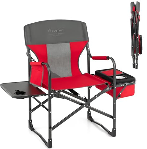 COSTWAY Silla Plegable Camping, Silla de Director Camping, Bolsa Nevera, Bolsa de Almacenamiento y Correa Portátil, Capacidad de 180 kg, Senderismo, Pesca, Picnic (Rojo)