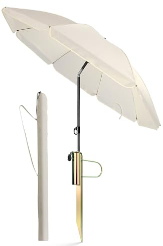 4smile Sonnenschirm Strand Ø 160 cm, 3-in-1 SET mit Rasendorn, Beige | Strandschirm windfest stabil + Rasendorn Sonnenschirmhalter + Sonnenschirmhülle, UPF 50+, Gartenschirm mit Schirmspieß